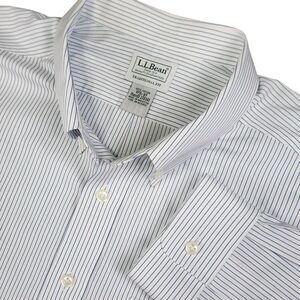 LL Bean Mens 17.5-37 White Blue Striped Long Sleeve Traditional Fit Shirt‎ READ